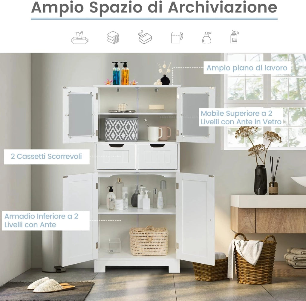 Armadio da Terra con 4 Ante, Mobile da Bagno con 2 Ante in Vetro 2 Cassetti e Ripiani Regolabili, Armadio Multifunzionale per Bagno e Soggiorno (Bianco, 60x30x128cm)
