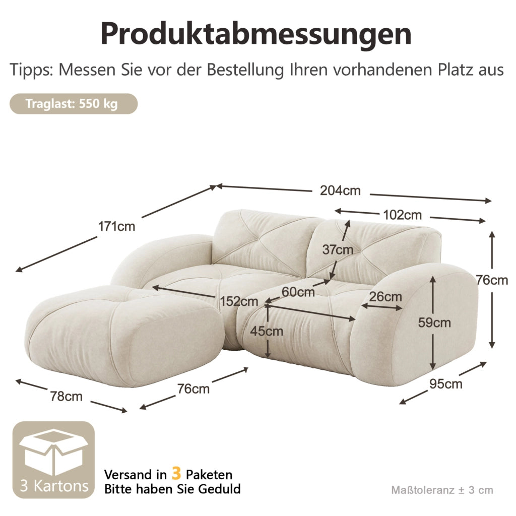 Divano modulare 204x171x76 cm in chenille beige chiaro; design basso e imbottitura in schiuma 32D