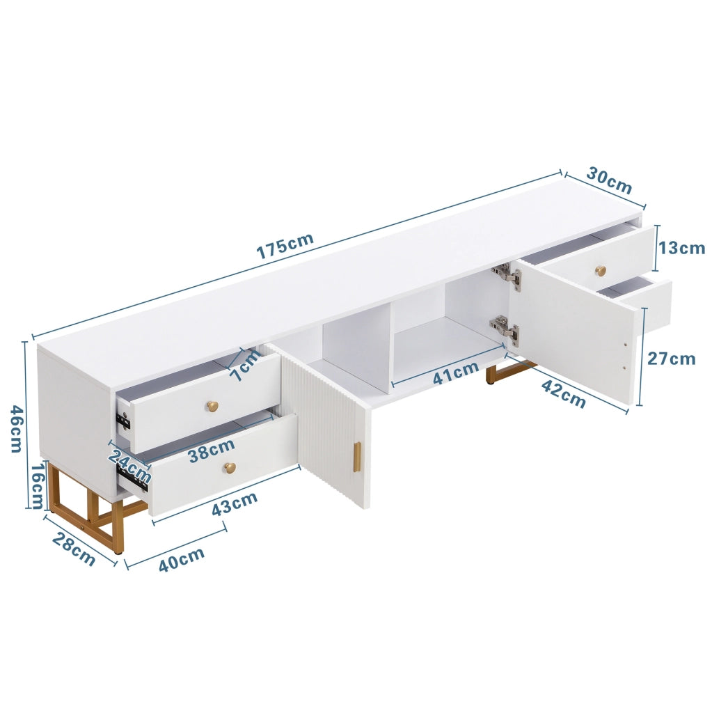 Mobile TV bianco MDF 175 cm con ante strutturate, 4 cassetti e maniglie dorate