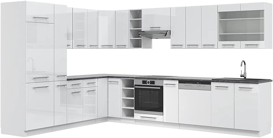 Cucina angolare completa Fame-Line, Bianco lucido/bianco, 347 x 60 cm, PL Antracite, adatto per una progettazione flessibile della cucina ed espansione modulare