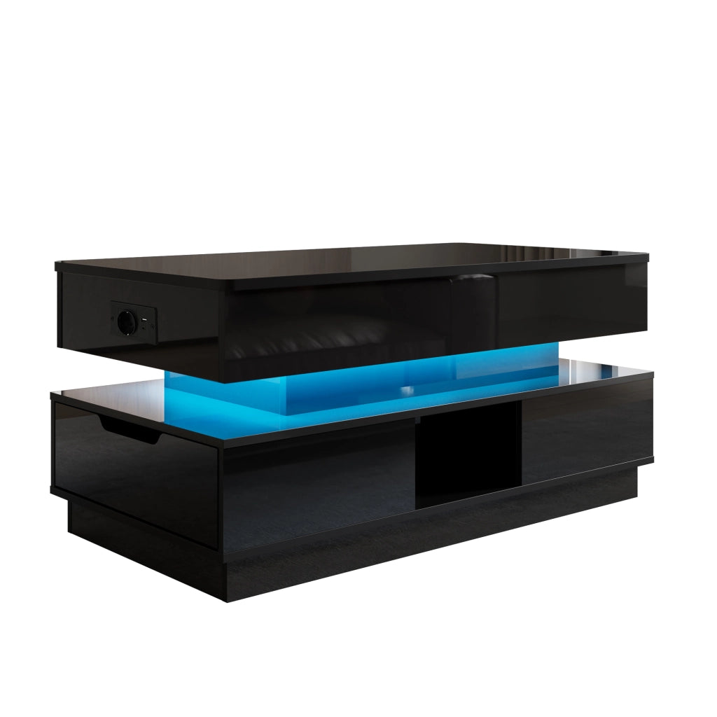Tavolino basso sollevabile con cassetti vani aperti presa integrata e LED finitura lucida in MDF nero 90 × 48 × 42,5 cm