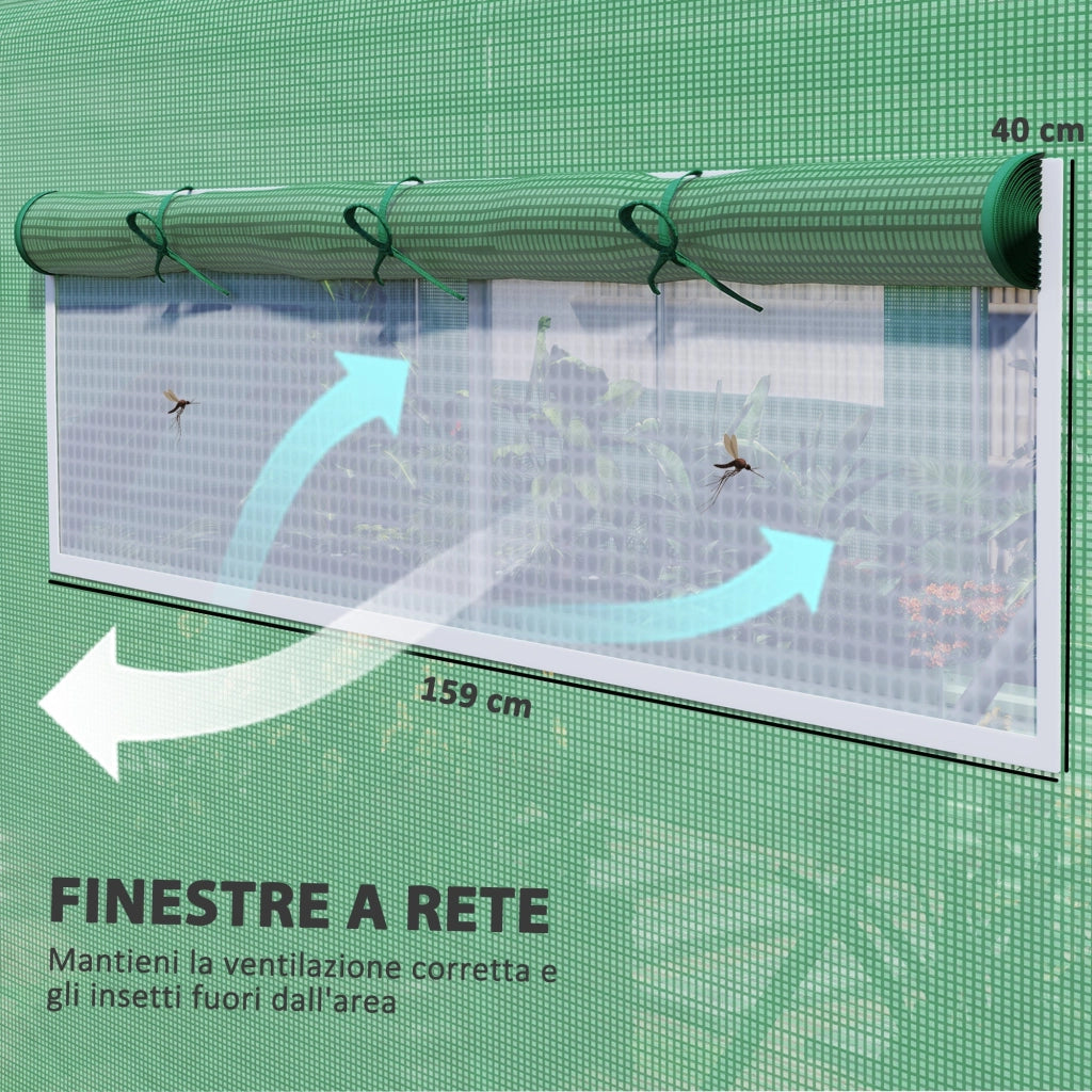 Serra a Tunnel 594x300x200 cm con 3 Porte Avvolgibili e 6 Finestre in Acciaio Zincato e PE Verde