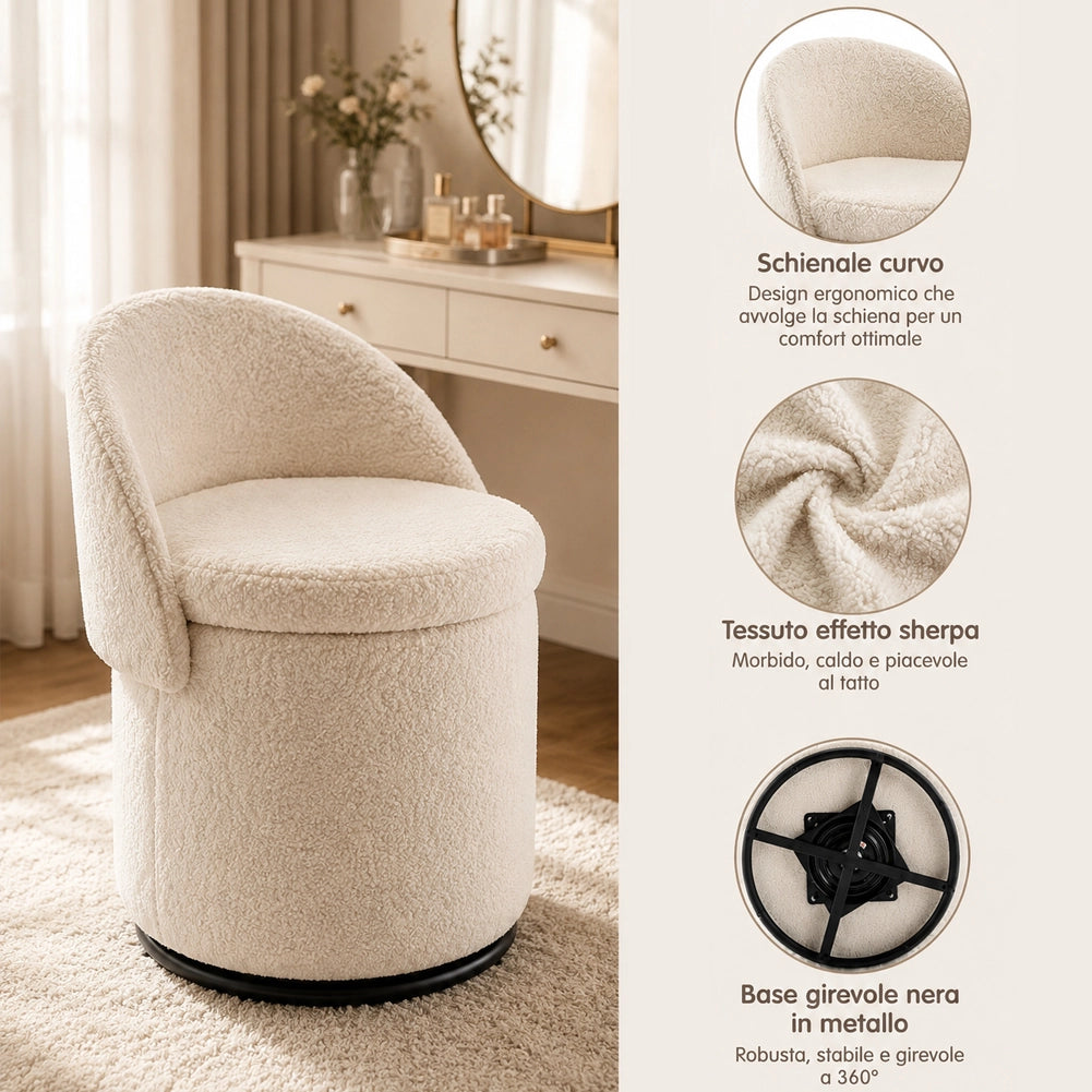 Pouf Contenitore con Schienale Reclinabile e Base Girevole Design Teddy 48x68 cm