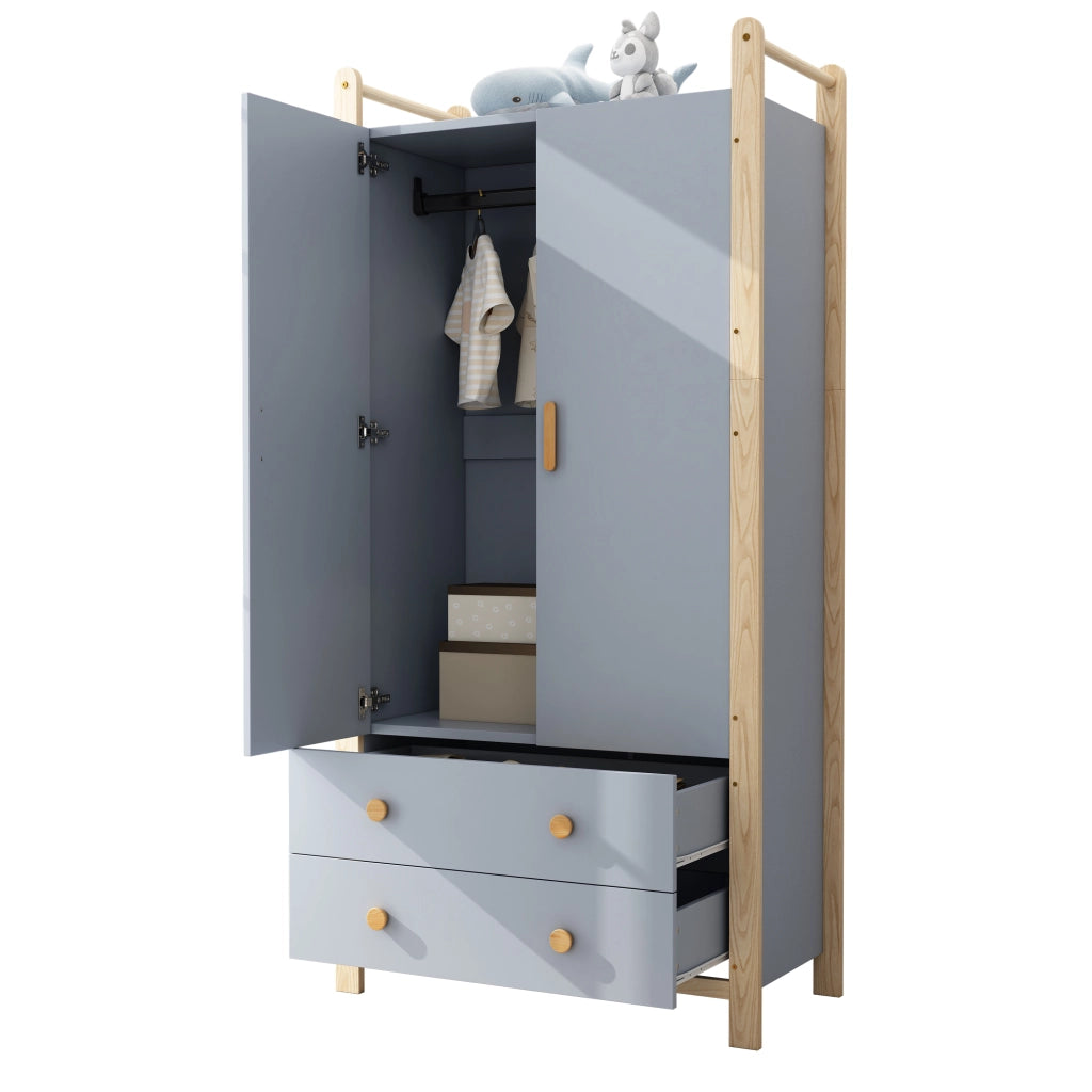 Armadio con 2 ante e 2 cassetti, barra appendiabiti, in truciolare e pino, per la camera, blu, 90 × 45 × 180 cm
