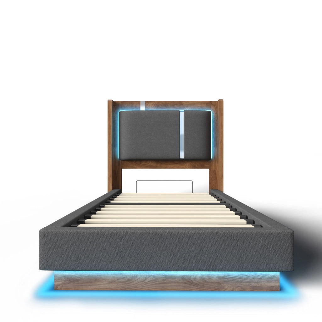 Letto singolo 90x200 cm con contenitore, LED e testiera in lino grigio e noce