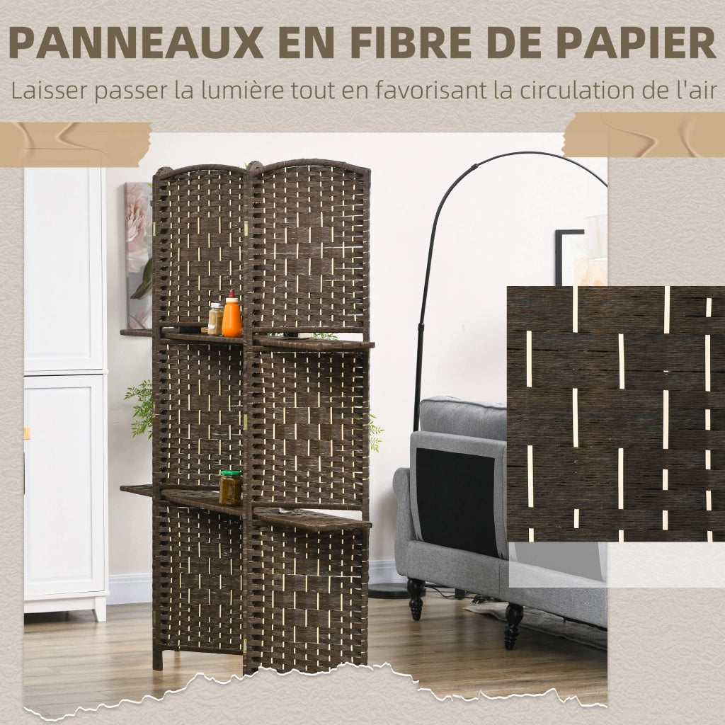 Paravento 4 pannelli con 2 ripiani ¨C zephmum ¨C 160x170 cm, legno, pieghevole