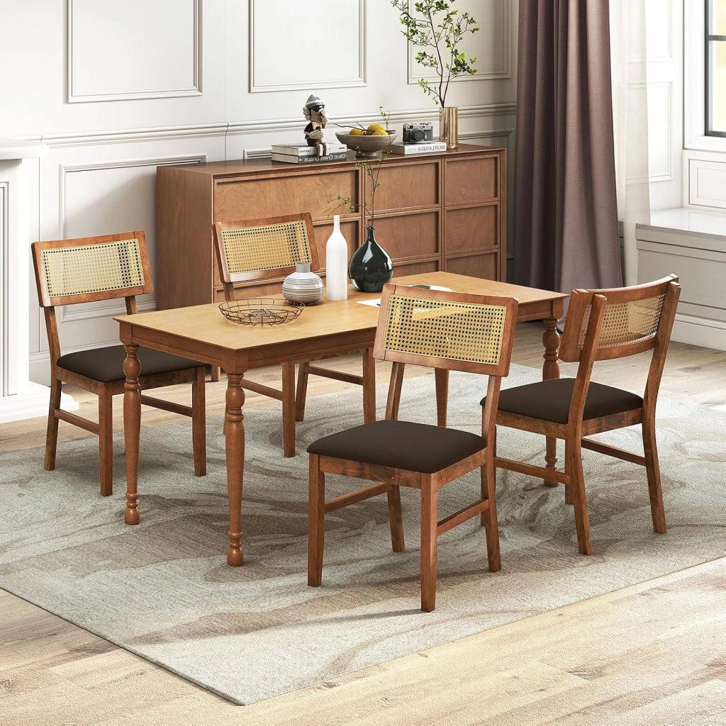 Set di 2 Sedie da Pranzo, Sedie Imbottite con Schienale in Rattan Intrecciato, Struttura in Legno di Hevea, Seduta in Velluto, Portata 180 kg, Sgabello d’Accent Boho per Soggiorno e Cucina