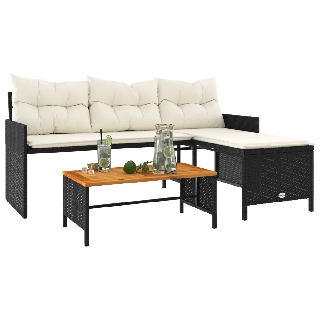 Divano da Giardino con Tavolo e Cuscini a L Nero in Polyrattan 365581