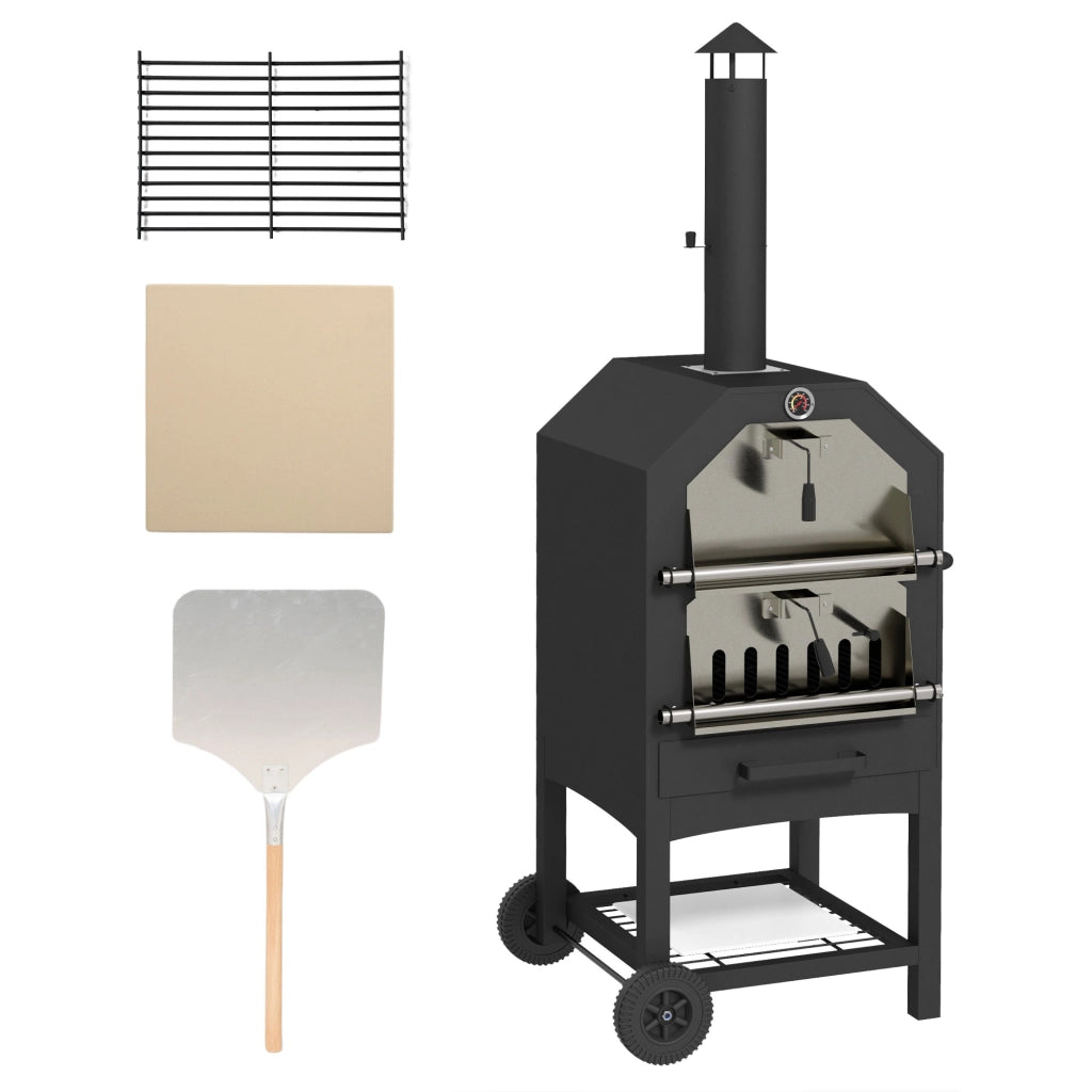Forno Pizza 2 in 1 per Esterno ¨C zephmum ¨C Griglia, Piatto in Pietra, Nero, Acciaio Inox