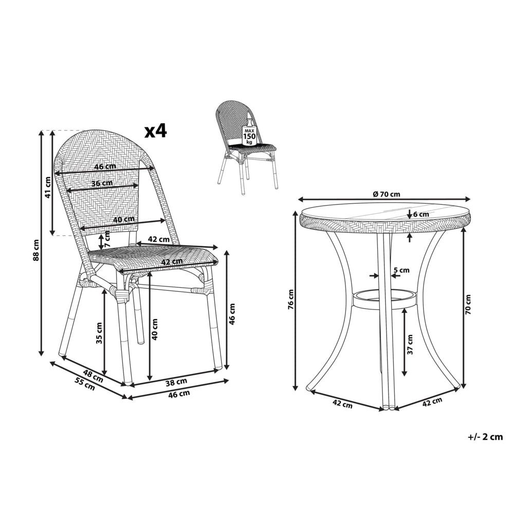 Set da pranzo da giardino a 4 posti Piano in rattan sintetico bianco e Nero Tavolo ø 70 e 4 strutture in alluminio impilabili