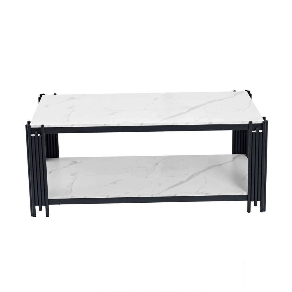 Tavolino da Salotto Rettangolare ¨C MINIMAL ¨C Piano Effetto Marmo, Gambe in Metallo, Bianco/Nero, 140x64x46 cm