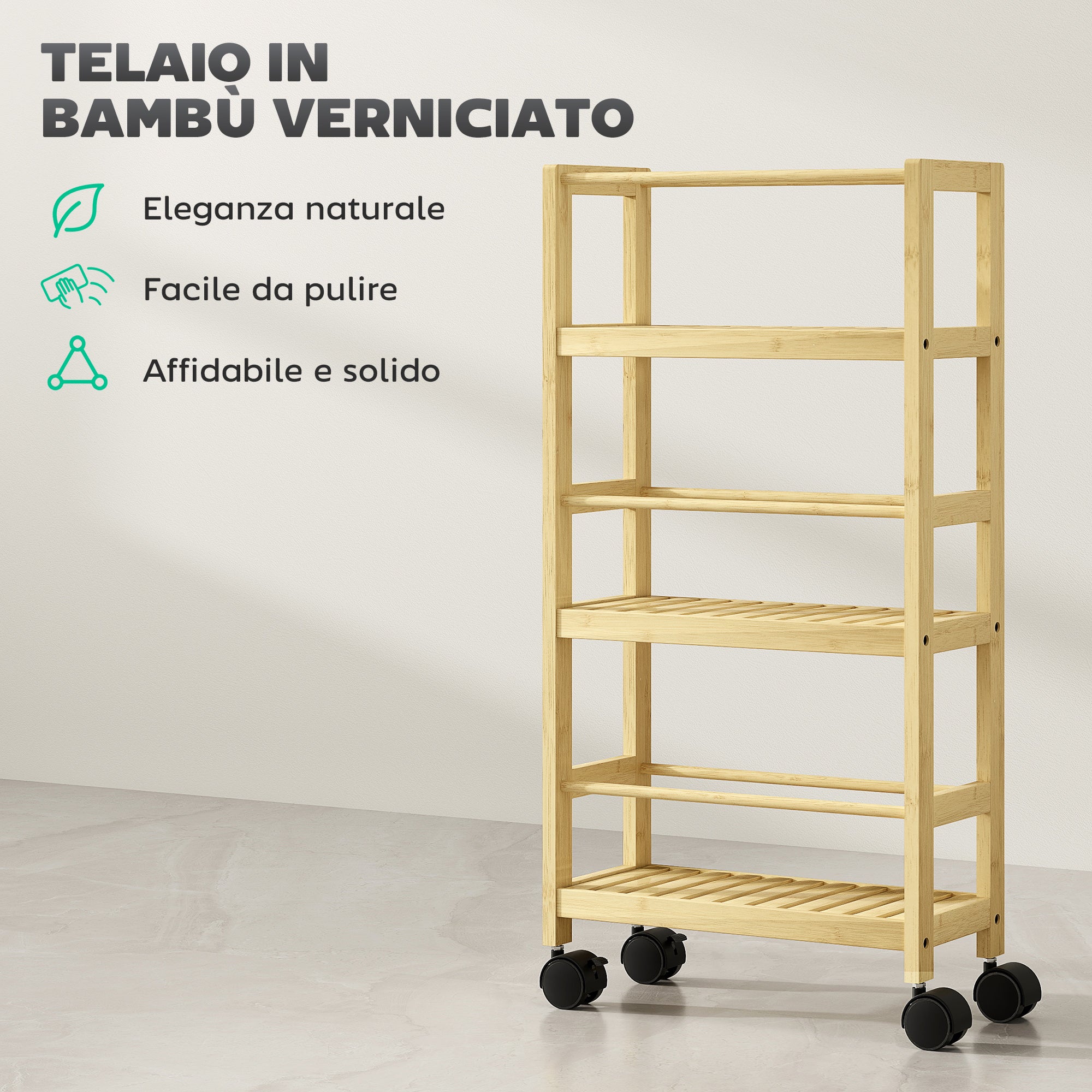 Scaffale Bagno a 3 Livelli 36x15x73 cm con Ruote in Legno di Bambù