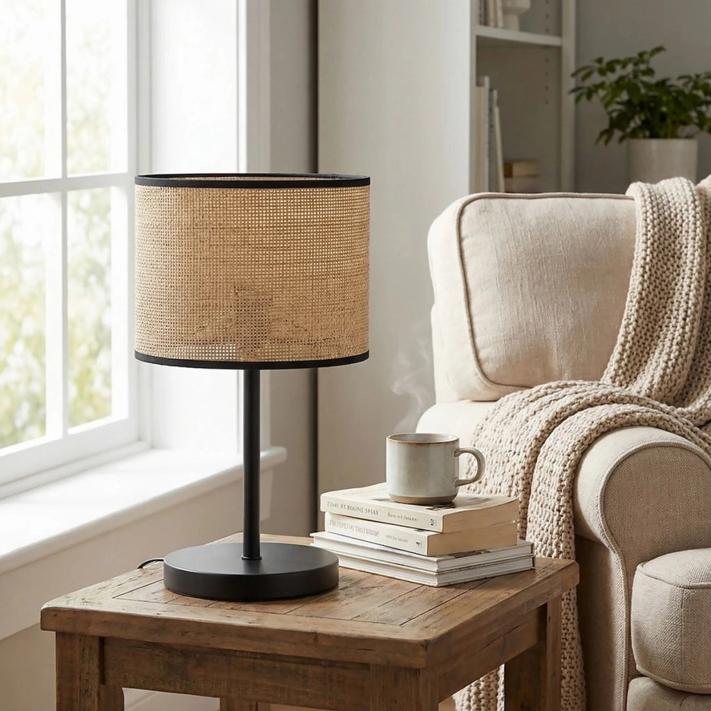 Lampada da tavolo ECO in acciaio nero e rattan