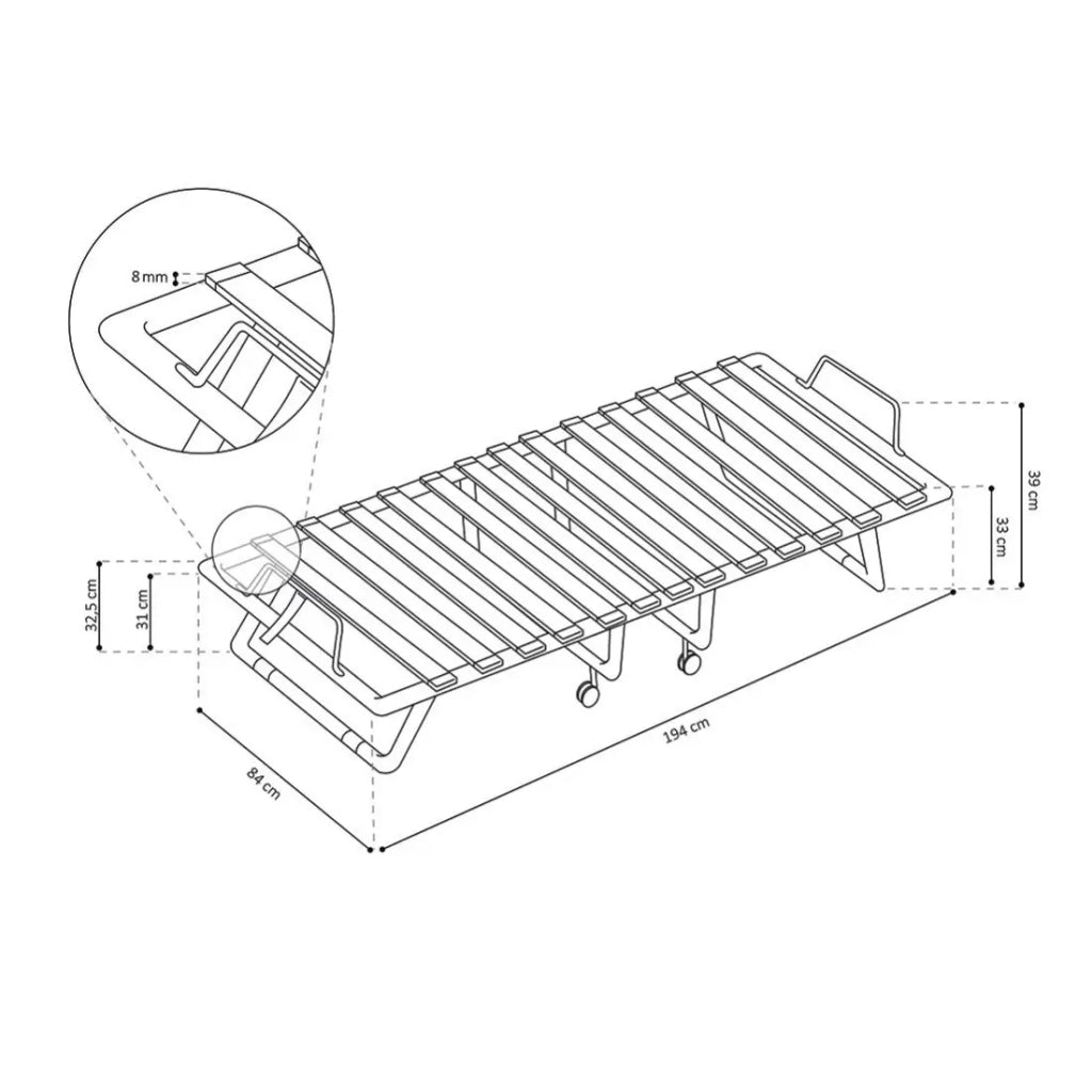 Letto pieghevole NAZARE – 80x190 cm in metallo blu con ruote, rete e materasso inclusi