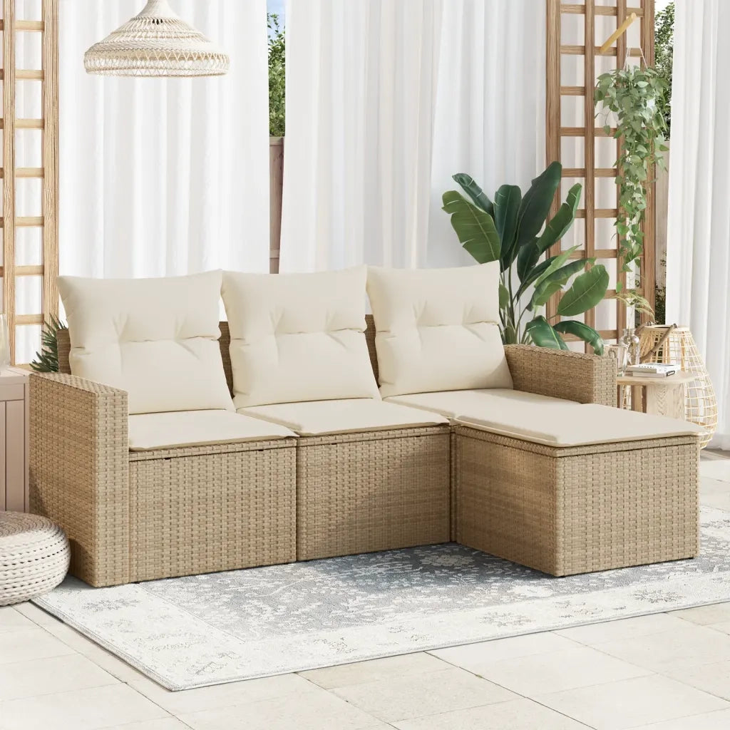 Set Divano da Giardino 4 pz | Set Salotto da Giardino con Cuscini Beige in Polyrattan
