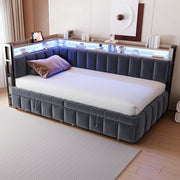 Divano letto 90x200 cm con LED; contenitori e USB in tessuto grigio