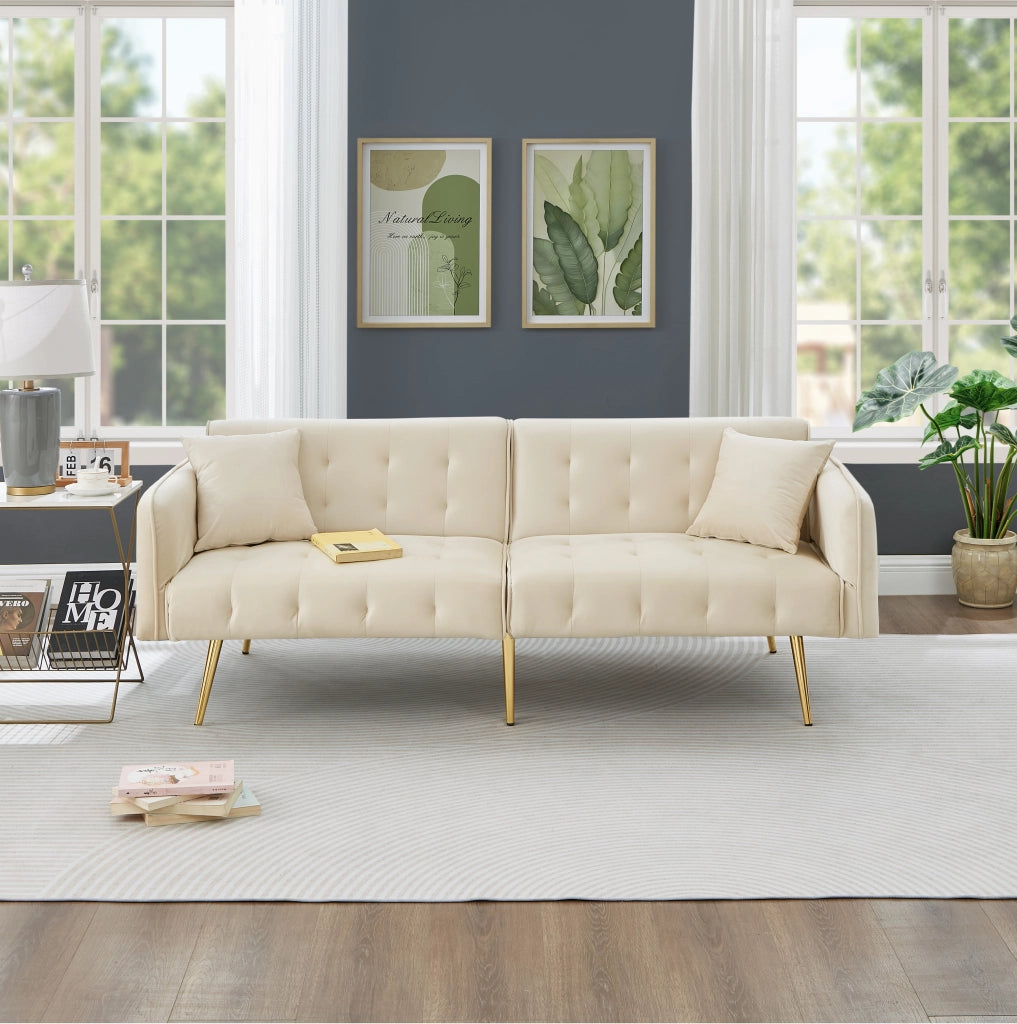 OKWISH Divano Letto 2 Posti, Schienale e Braccioli Regolabili, Cuscini Inclusi, Velluto e Schiuma, Beige