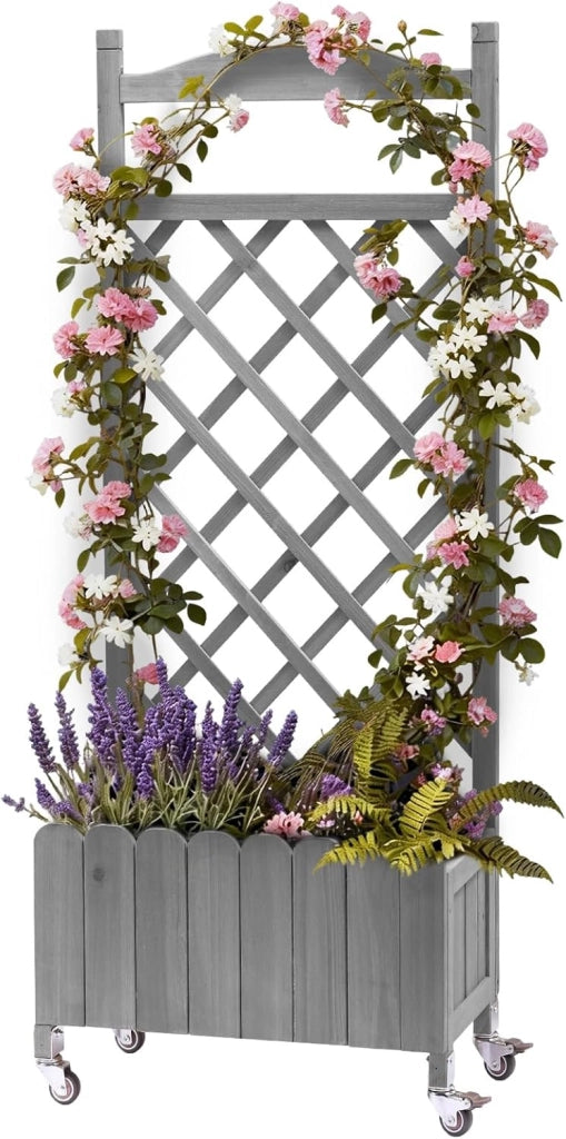 Fioriera in legno con grigliato e ruote, rialzata, resistente alle intemperie con fori di drenaggio, per giardino, balcone e terrazza, 49 x 28 x 116 cm – Marrone chiaro