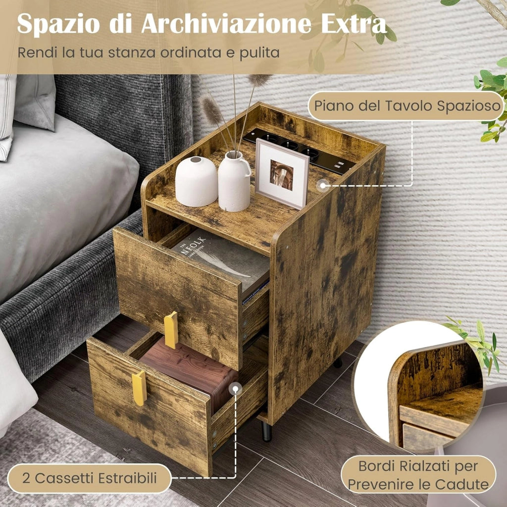 Comodino con Stazione di Ricarica, Comodino con 2 Cassetti, 2 Porte USB e 3 Prese, Tavolino Leterale con Gambe in Metallo, Portata Tolate 20 kg, 32 x 40 x 60 cm (2, Caffè)