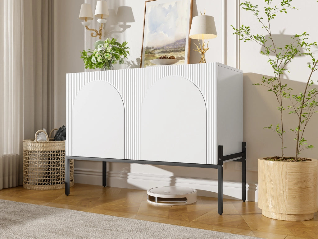 Credenza moderna con 2 ante, struttura in metallo e design ad arco, bianca, 100 x 40 x 75 cm