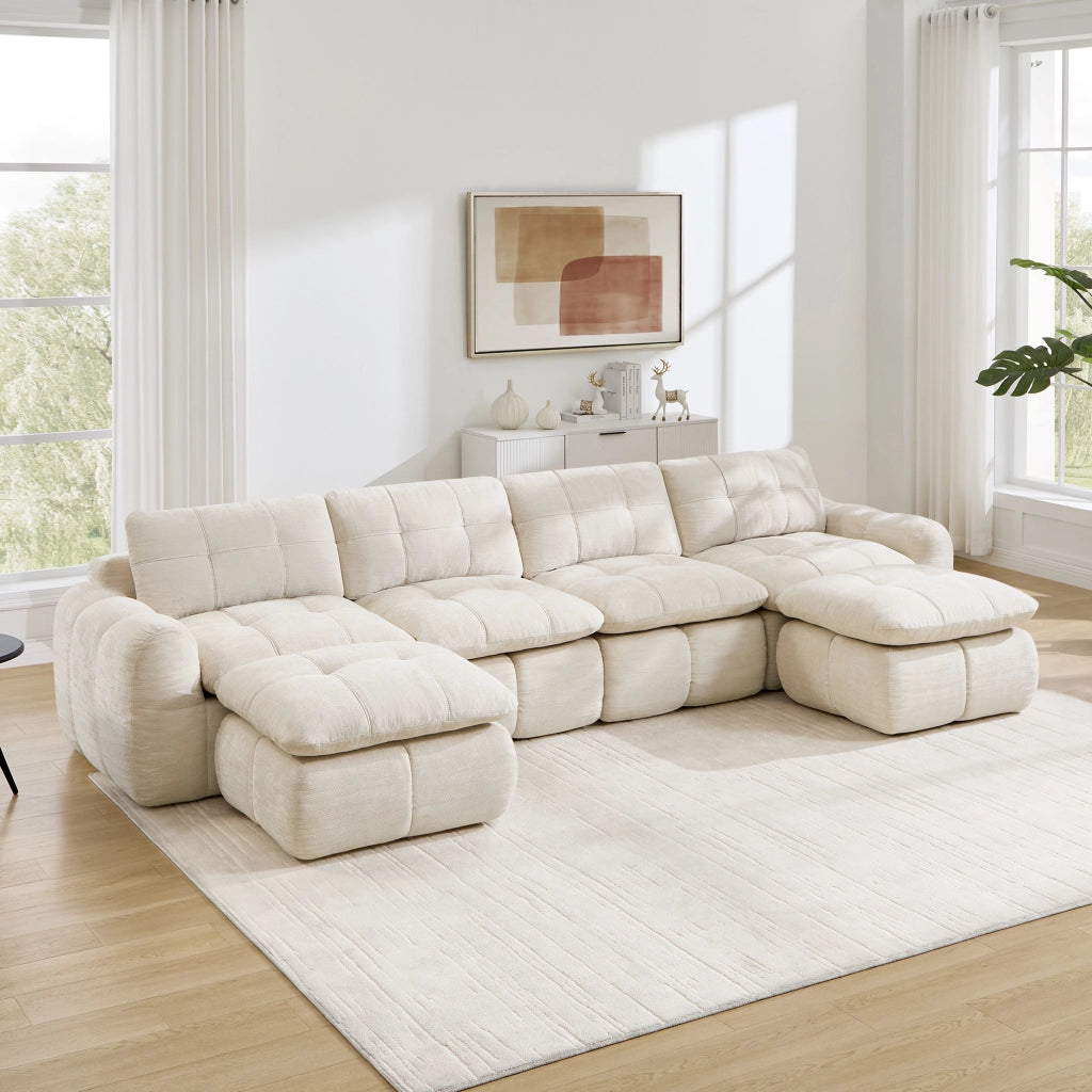 Divano modulare 4 posti con seduta ampia e cuscini morbidi in chenille beige