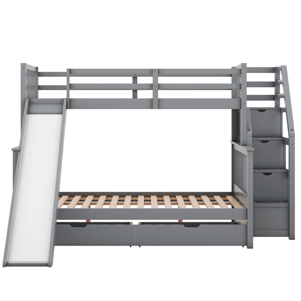 OKWISH Letto a Castello 90×200 cm e 140×200 cm, Letto 3 Posti con Contenitore, Cassetti e Scivolo, senza Materasso, Grigio