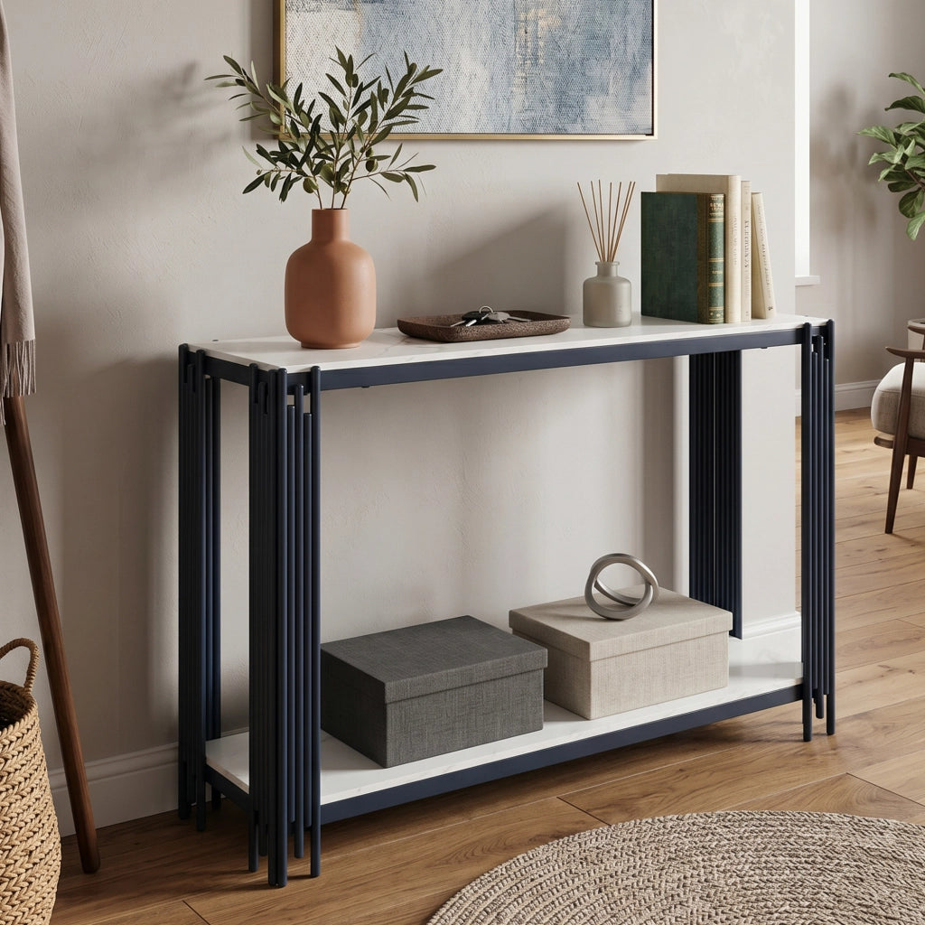 Consolle con 2 ripiani in effetto marmo bianco e metallo nero, per ingresso e soggiorno, 123.5 × 33.5 × 80 cm
