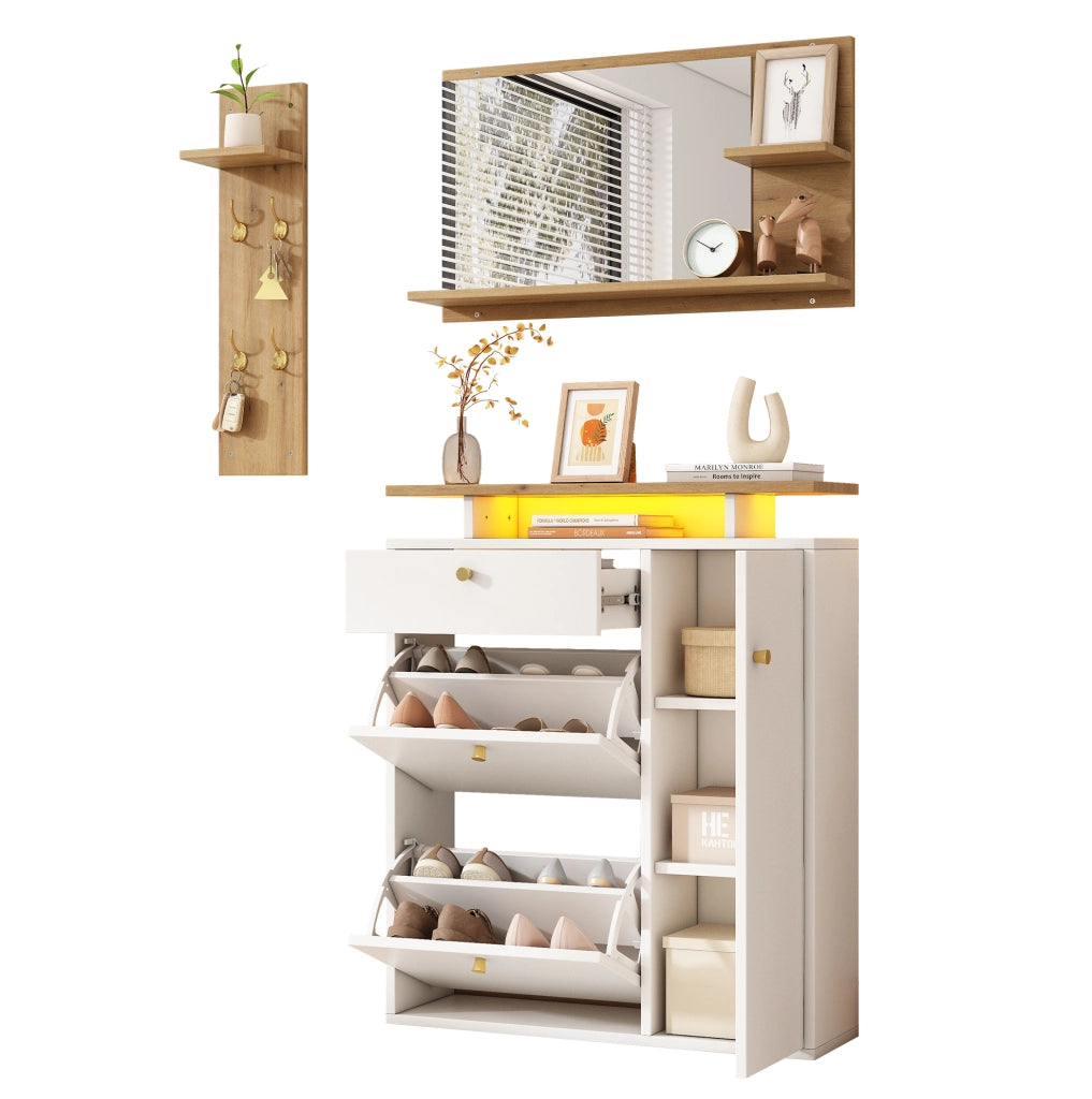 Set da ingresso 3 pezzi con scarpiera; specchio e appendiabiti LED; 105 x 25 x 151;5 cm; bianco