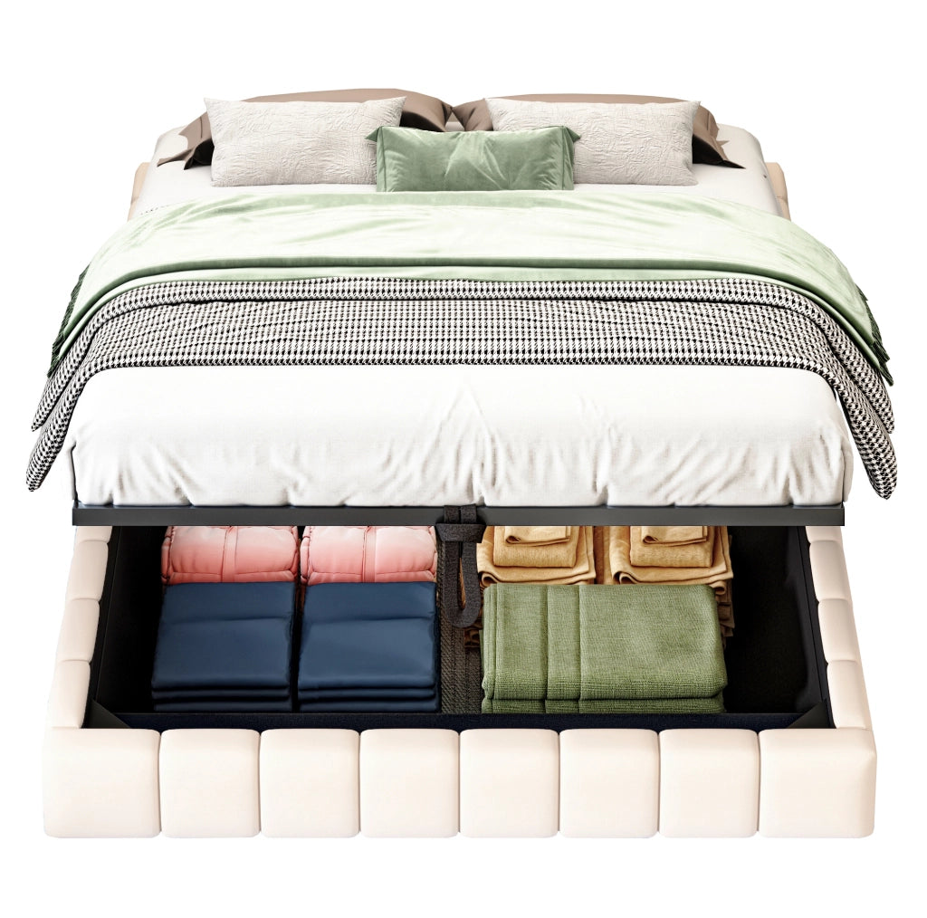 Letto imbottito sospeso 140x200 cm beige con LED e vano contenitore