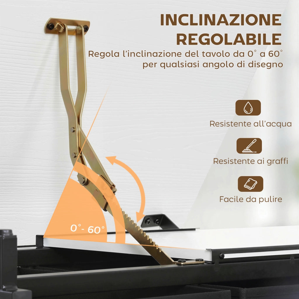 Tavolo da Disegno Regolabile 120x60x92 cm Scrivania e Sgabello per Disegno in MDF Metallo e PU Bianco