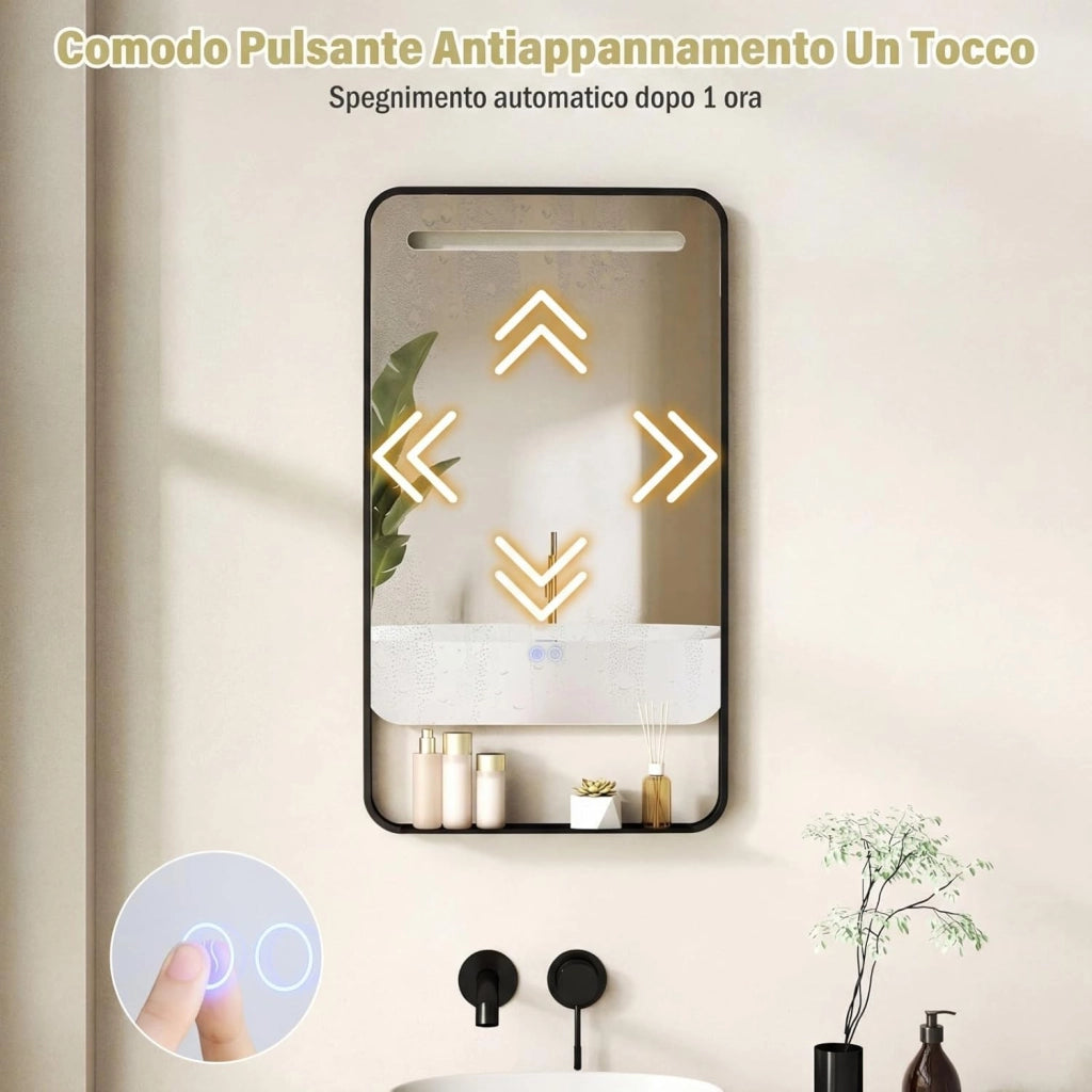 Specchio da Bagno LED 80 x 60 cm con Mensola, Specchio da Trucco con Cornice in Alluminio, Funzione Antiappannamento, 3 Colori di Luce e Luminosità Regolabile, Specchio da Parete