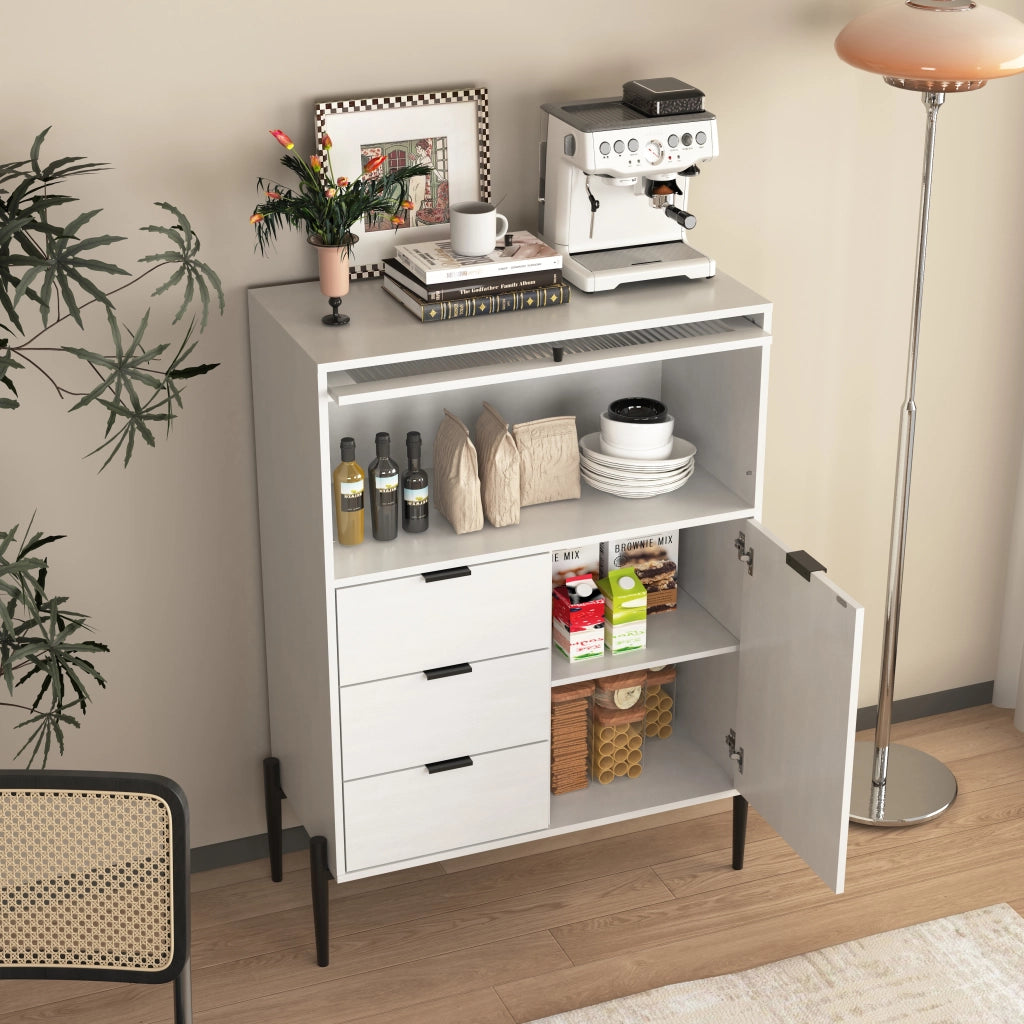 OKWISH Credenza con 3 Cassetti, 1 Anta e 1 Anta in Vetro, Ripiani Regolabili, per Cucina o Sala da Pranzo, Bianca