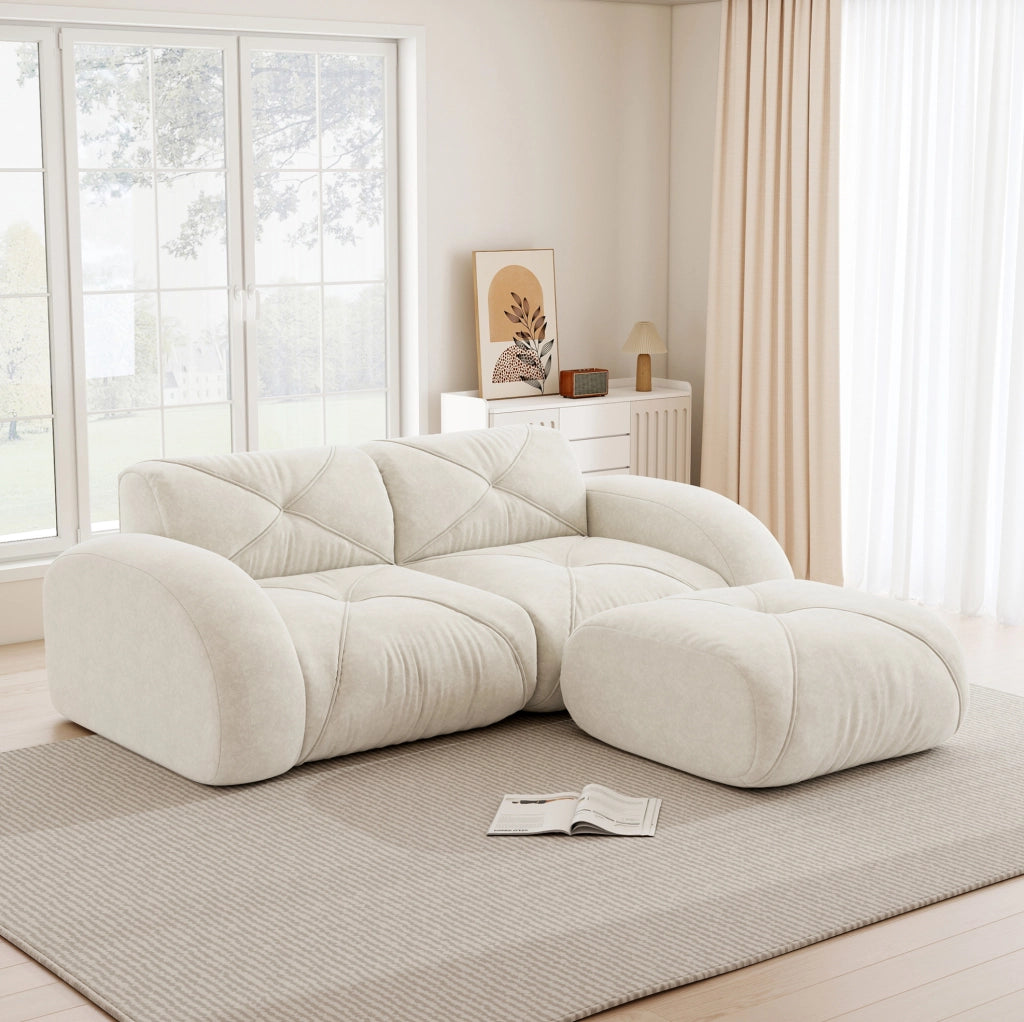 Divano modulare in tessuto chenille con imbottitura in schiuma 32D; beige chiaro