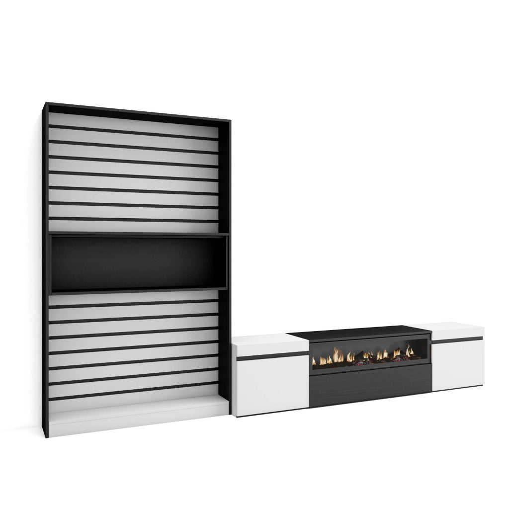 Mobile TV, Soggiorno, 310x35x186cm, Per TV fino a 80", Camino elettrico, Bianco e nero RF2847