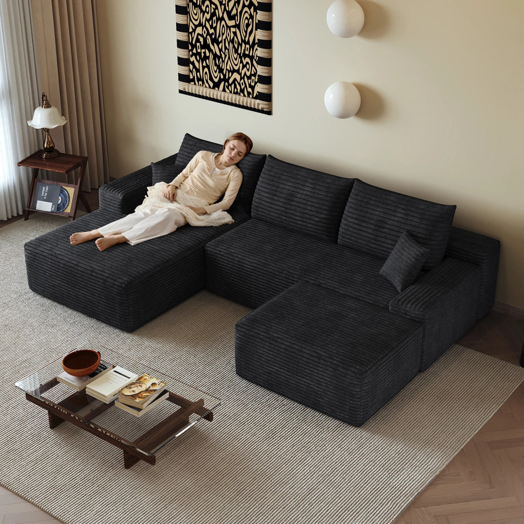 Divano angolare modulare in tessuto a coste con seduta profonda e schiuma elastica nero 270 × 175 × 83 cm