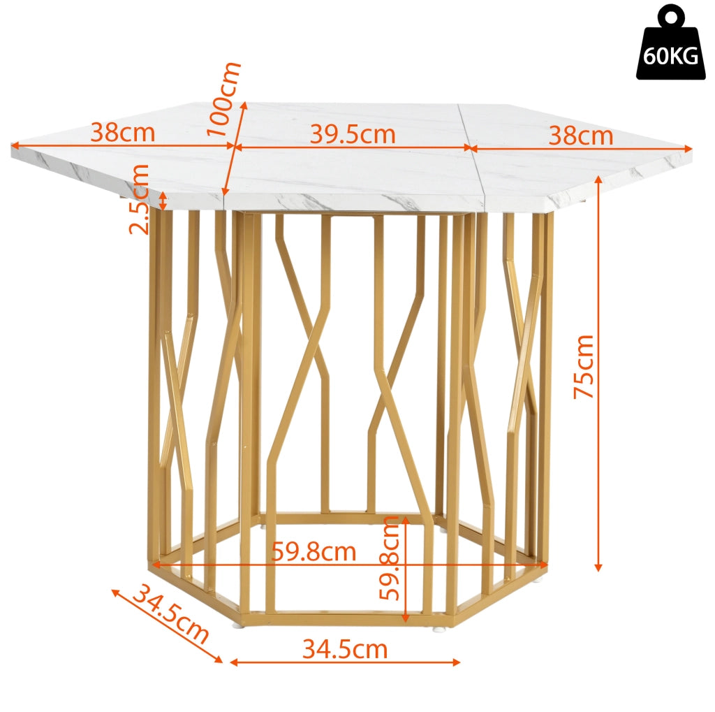 Tavolo esagonale effetto marmo con base in metallo dorato