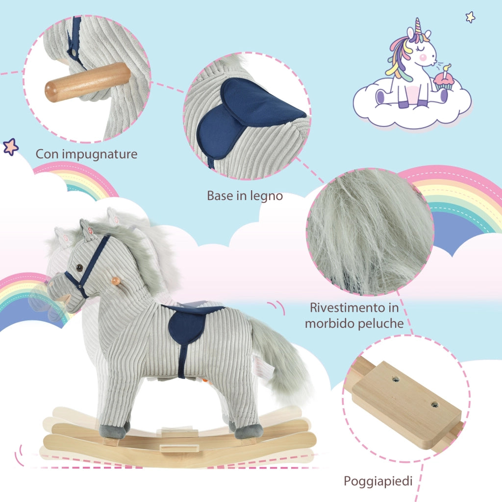 EasyComfort Cavallo a Dondolo per Bambini 3-6 Anni con Suoni in Peluche, 73x35x64cm, Grigio