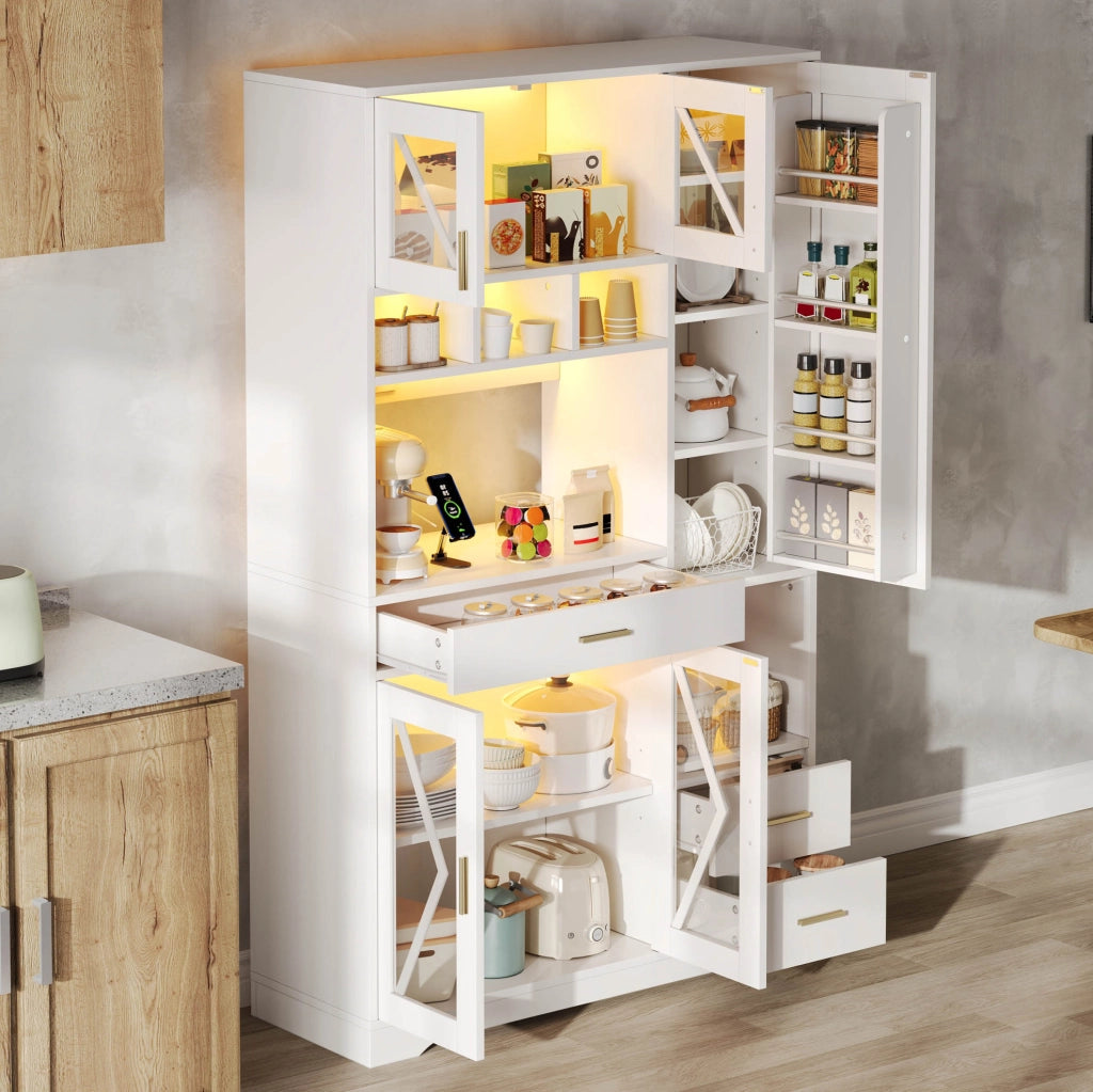 Mobile buffet da cucina 105 x 40 x 185 cm in MDF bianco con LED a cambio colore; prese e USB
