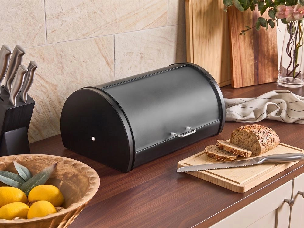 Contenitore per il pane in acciaio inossidabile nero 38 x 26 x 19 cm decorativo con coperchio avvolgibile Cucina moderna