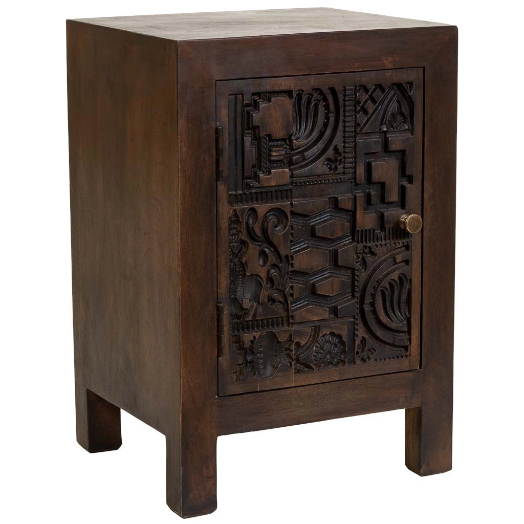 Comodino in legno marrone intagliato a mano 40x35x60h cm