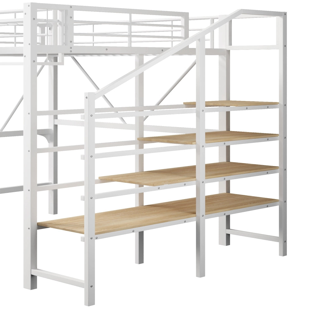 Letto a soppalco matrimoniale 140×200 cm con LED; scaletta con ripiani; senza materasso; bianco
