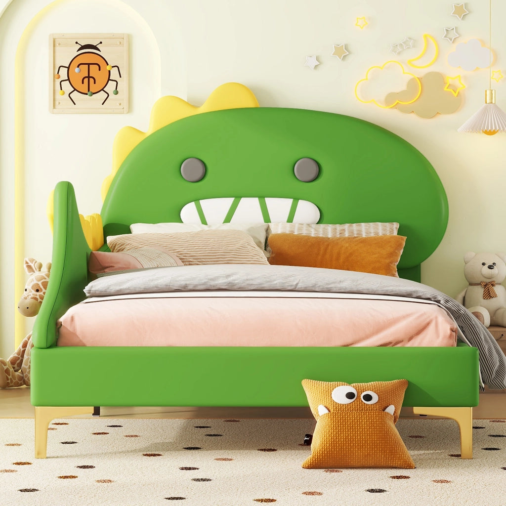OKWISH Letto Bambino 90×200 cm, Letto Singolo con Testiera a Dinosauro, senza Materasso, in PU e MDF, Verde