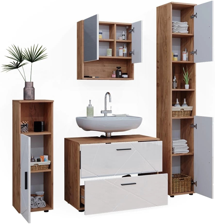 Set di mobili da bagno Irma, Bianco lucido/oro power oak, 80 cm, composto da mobile lavabo, pensile a specchio, colonna e base media