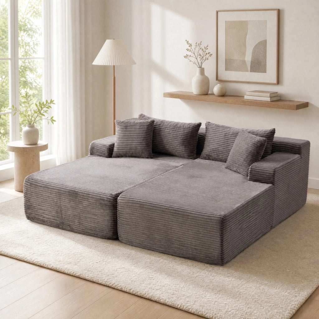 Divano con chaise longue e cuscino in ciniglia grigio