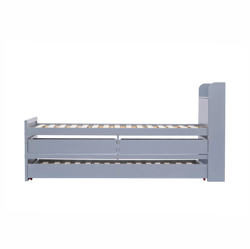 Letto 90x190 cm con letto estraibile, 2 cassetti e comodino USB in legno massello grigio