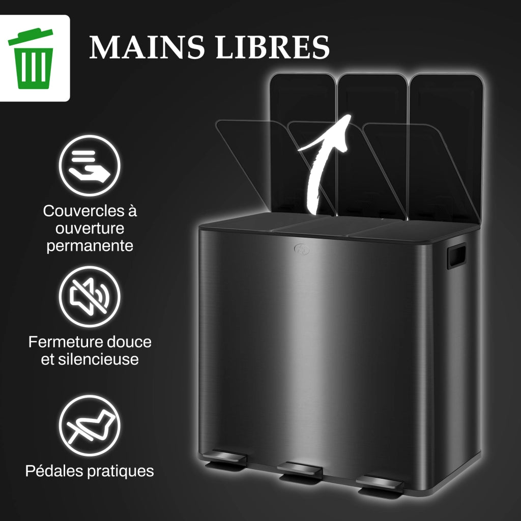 Bidone per la Raccolta Differenziata da Cucina 45L ¨C zephmum ¨C 3 Scompartimenti 15L, Nero