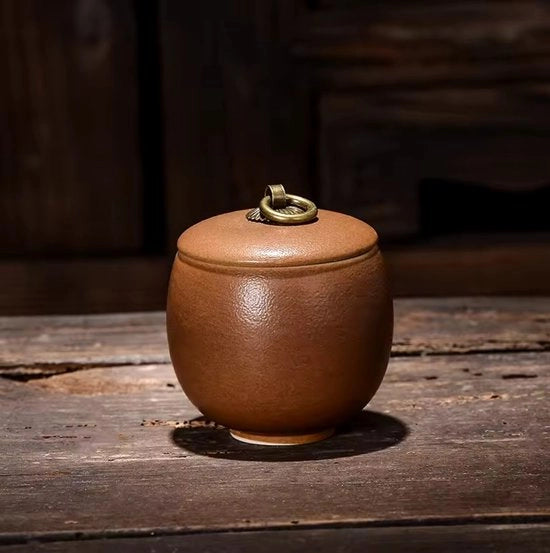 Mini Urna in Ceramica con Coperchio in Tela di Feltro Marrone 60ml