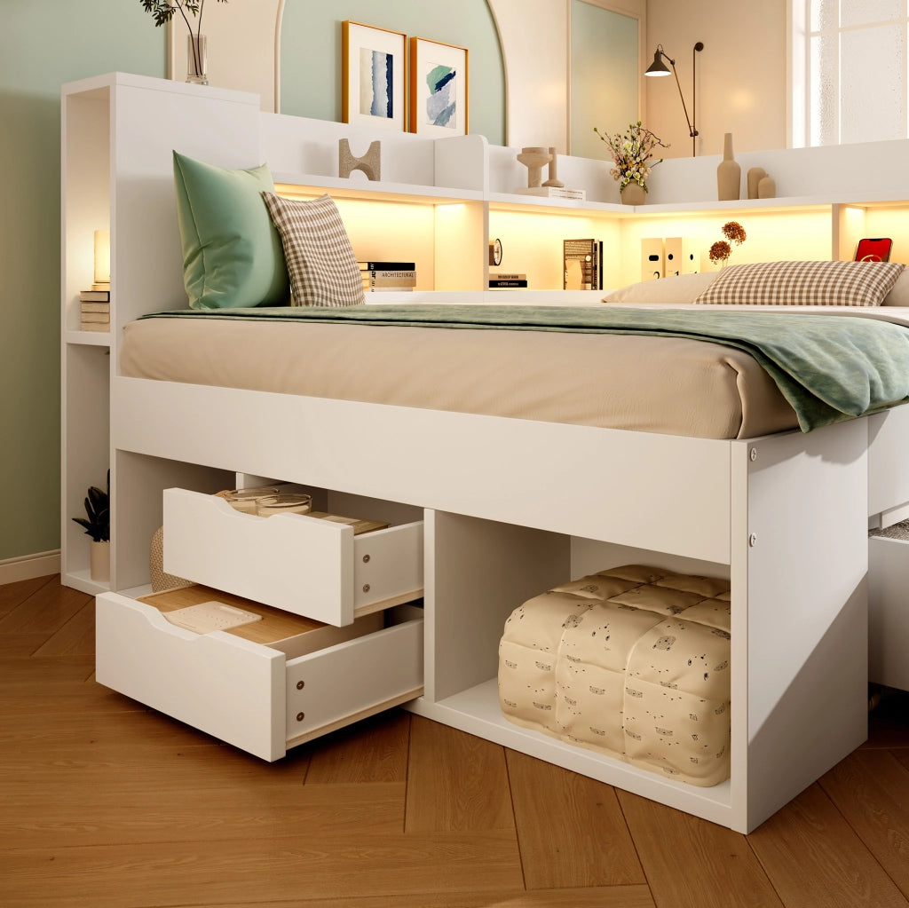 Letto da giorno ULEVR 140x200 cm con LED, USB e Type-C, cassetti e ripiani, bianco