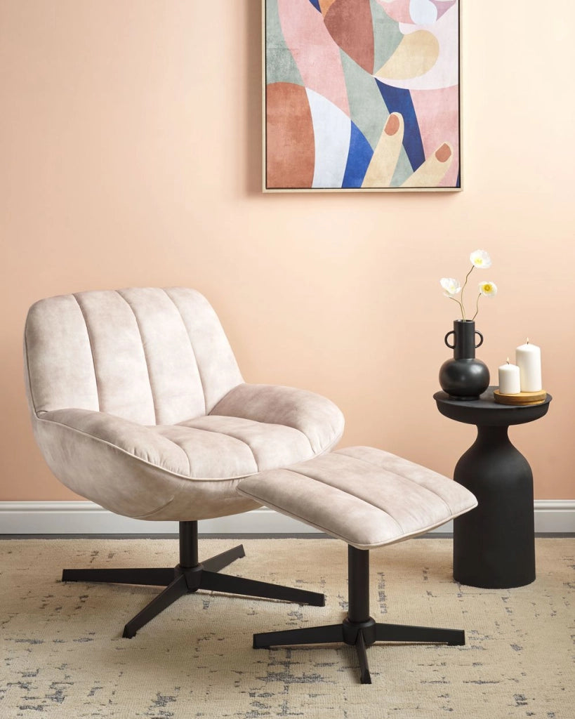 Poltrona girevole con poggiapiedi Velluto beige Base singola Seduta imbottita