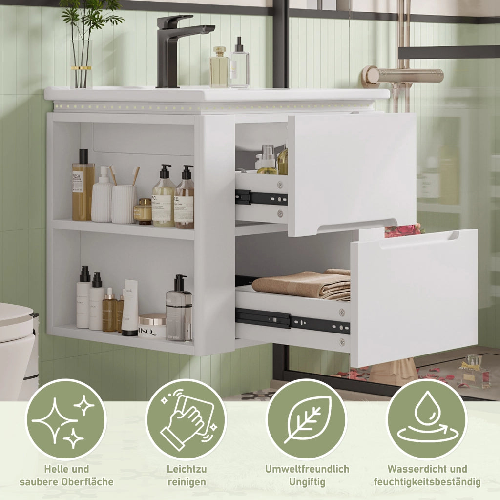 Mobile sottolavabo con 2 cassetti e illuminazione LED a sensore radar; sospeso; lavandino in ceramica integrato; bagno; bianco; 61 Ã— 46 Ã— 48.5 cm